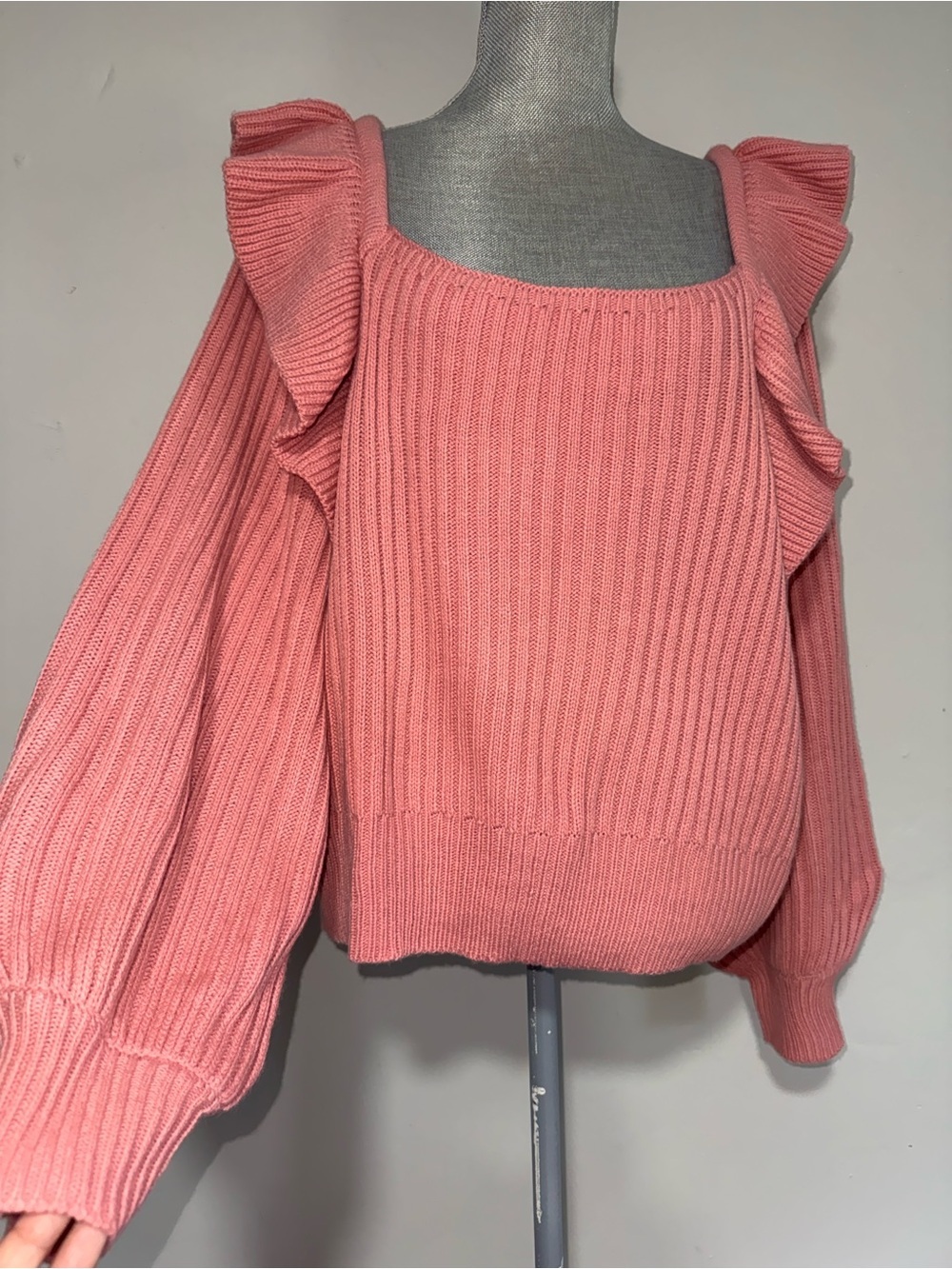 Eloquii Pink Ruffle-Trim Ribbed Off-Shoulder Sweater